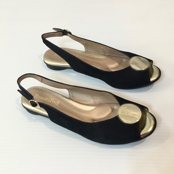 BEAUTIFEEL Demi Black Suede Slingback Flats Gold 6 - Picture 3 of 13